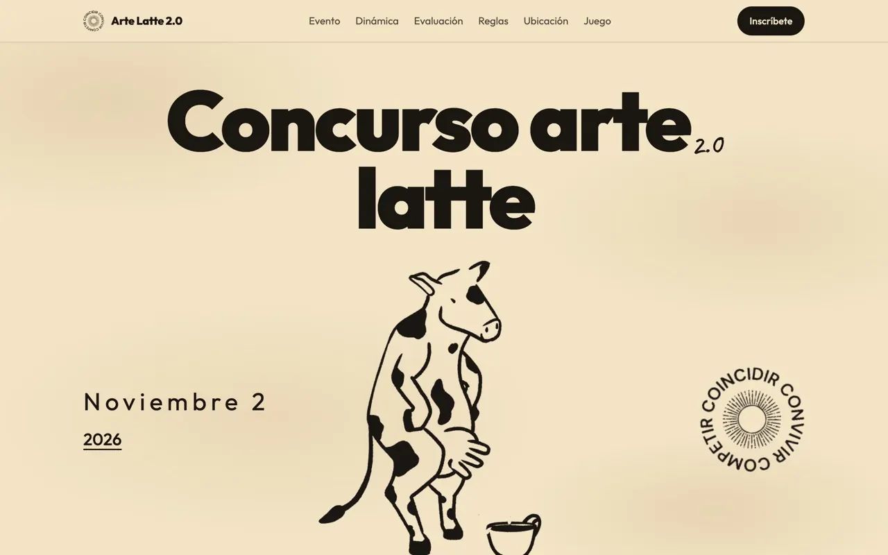 Portada del sitio del Concurso de Arte Latte 2.0, con una vaca ilustrada a tinta