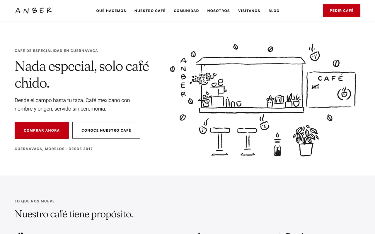 Portada del sitio de Café ANBER con la frase «Nada especial, solo café chido» y una barra de café ilustrada a mano