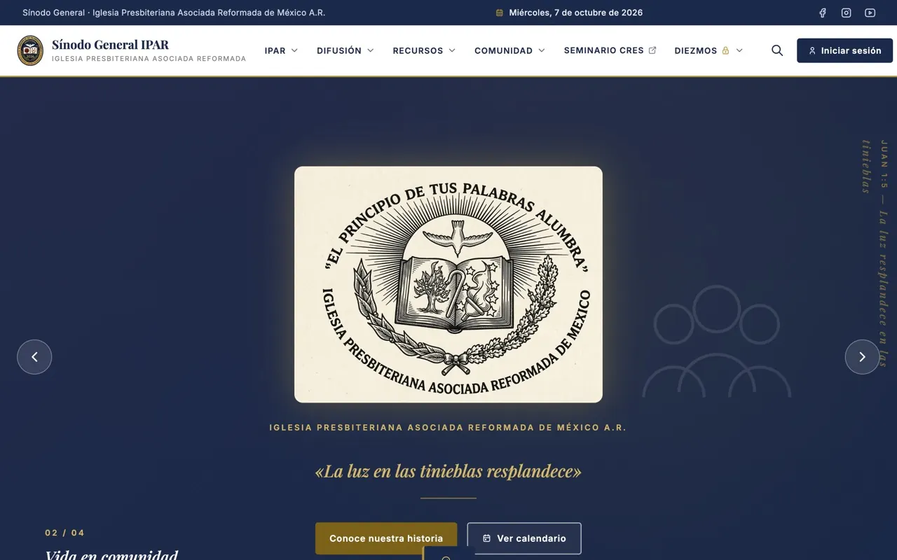Portada del sitio del Sínodo General IPAR con el escudo de la iglesia