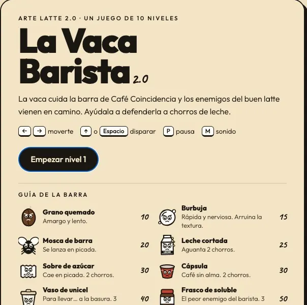 Pantalla de inicio del juego La Vaca Barista con la guía de enemigos